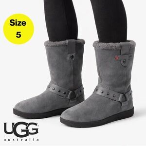 UGG 🩶 Light Charcoal Fur Boots with Ankle Strap, Heart Accent (Size 5)